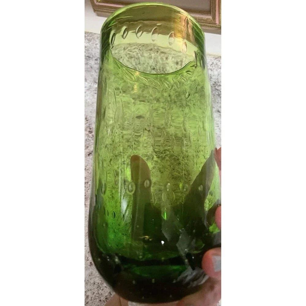 70’s Art Deco Hand Blown Controlled Bubble Apple Green & Clear Base Glass Vase